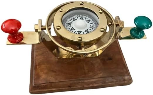 Antique Brass Gimbaled Binnacle Compass with Wooden Base - Maritime Nautical