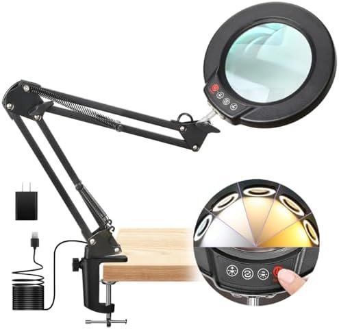 10X Magnifying Glass with Light and Clamp, Real Glass Lens, 5 Color Modes LED