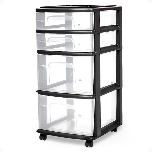 HOMZ Drawer Tower, 4-Tier Clear Plastic Storage Organizer Cart, Black Frame