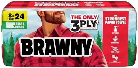 Brawny Tear-A-Square 3-Ply Paper Towels, 8 Triple Rolls = 24 Regular Rolls