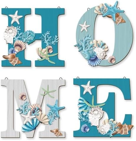 4 Pcs Wood Home Sign Coastal Beach Wall Decor Beach Style Signs Blue Starfish
