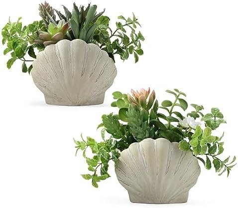 Lewondr Fake Plants Set of 2, Assorted Faux Succulents Artificial Plants with